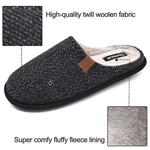 COFACE Mens Black Woolen Cozy Memory Foam Scuff Slippers Slip On Warm House Shoes Indoor/Outdoor with Best Arch Surpport