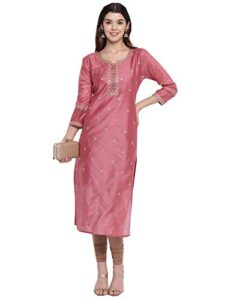 ziya designer straight a-line embroidered chanderi cotton kurti for women (dark peach648, 40)