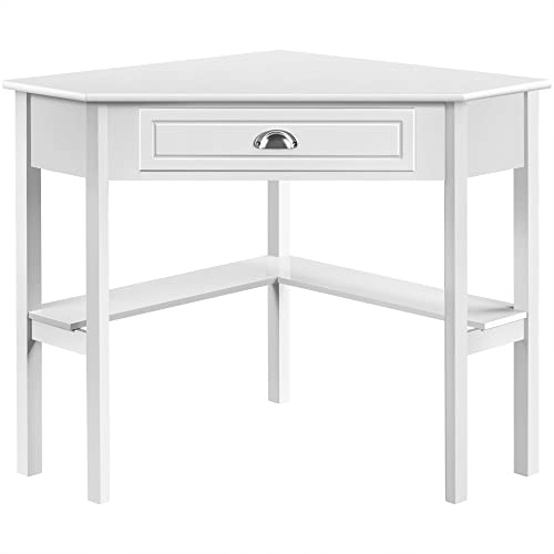 Yaheetech Wood Triangle Computer Desk Corner Table with Large Drawer & Storage Shelves, 90 Degrees Writing Desk Laptop PC Table for Home Office, Study Workstation for Small Space, White