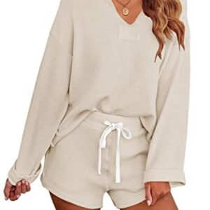 MEROKEETY Women's Long Sleeve Pajama Set Henley Knit Tops and Shorts Sleepwear Loungewear, Beige, L