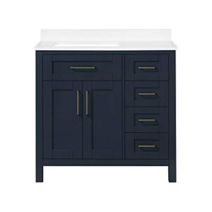ove decors tahoe 36 inch bathroom cabinet bath vanity | contemporary single sink with cultured marble white countertop | fully assembled | backsplash included, in midnight blue