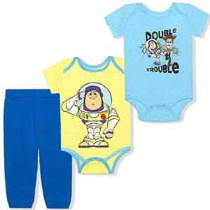 disney toy story buzz lightyear and woody boys 3 piece bodysuit and jogger pant set for newborn and infant - blue/lime green