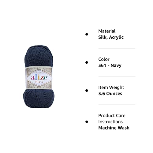 Alize Diva Silk Effect 100% Microfiber Acrylic Yarn 1 Ball skeins 100gr 383yds Color (361 - Navy)