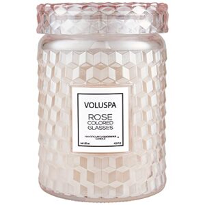 voluspa rose colored glasses | large glass jar candle | 18 ounces | 100 hour burn time | all natural wicks and coconut wax for clean burn | vegan | hand-poured in usa | non-toxic