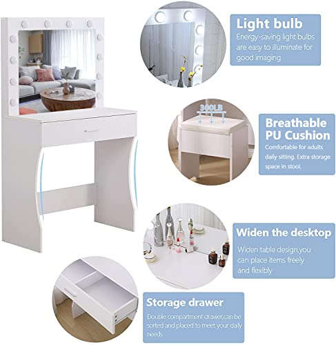 Titoni Vanity Table Set with Lighted Mirror - Makeup Vanity with Lights, Adjustable Brightness, Large Drawer Sturdy Wood Vanity, White 80x40x140cm