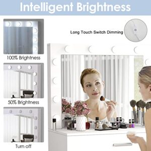 Titoni Vanity Table Set with Lighted Mirror - Makeup Vanity with Lights, Adjustable Brightness, Large Drawer Sturdy Wood Vanity, White 80x40x140cm