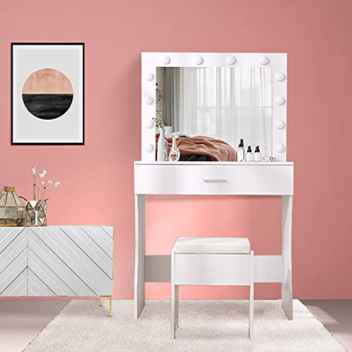 Titoni Vanity Table Set with Lighted Mirror - Makeup Vanity with Lights, Adjustable Brightness, Large Drawer Sturdy Wood Vanity, White 80x40x140cm