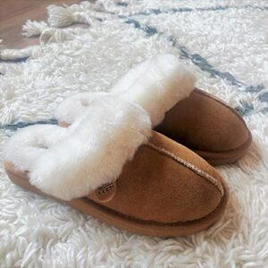 EZ Feet Women's Shearling Scuffs Fluffy Breathable Slip-On Slippers Size 6 Chestnut