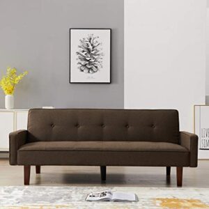 modern upholstered fabric folding futon sofa bed for compact living space, apartment, dorm, convertible sleeper sofa couch home recliner lounge with armrest, square wooden legs and center leg (brown)