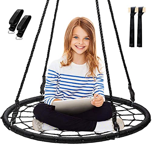 Display4top Spider Web Tree Swing, 40" Round Net Swing Set for Kids Teens with 71" Adjustable Hanging Ropes, Great for Park Backyard Playground Outdoor, Max 400Lbs (Black)