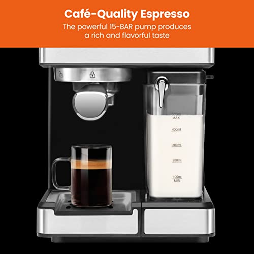 Chefman 6-in-1 Espresso Machine with Built-In Milk Frother, 15-BAR Pump, Digital Display, One-Touch Single or Double Shot Espresso for Cappuccinos and Lattes, XL 1.8-L Water Reservoir, Stainless Steel
