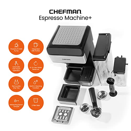 Chefman 6-in-1 Espresso Machine with Built-In Milk Frother, 15-BAR Pump, Digital Display, One-Touch Single or Double Shot Espresso for Cappuccinos and Lattes, XL 1.8-L Water Reservoir, Stainless Steel