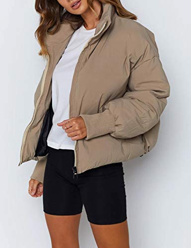 Uaneo Womens Casual Padded Full Zip Stand Collar Long Sleeve Puffer Jackets (Khaki, M)