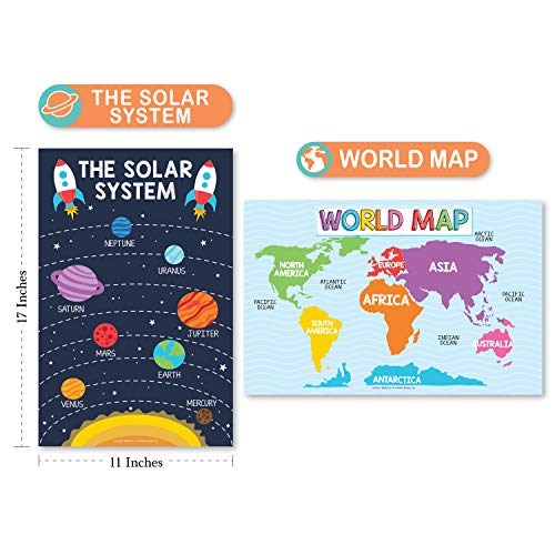 Hadley Designs 4 Alphabet, Map of United States, World Map, Solar System, ABC Posters Toddlers Wall Decor, Planets For Kid, US Map Laminated Kindergarten Classroom Prek Homeschool Supplies 11x17