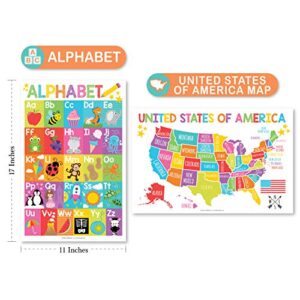 Hadley Designs 4 Alphabet, Map of United States, World Map, Solar System, ABC Posters Toddlers Wall Decor, Planets For Kid, US Map Laminated Kindergarten Classroom Prek Homeschool Supplies 11x17