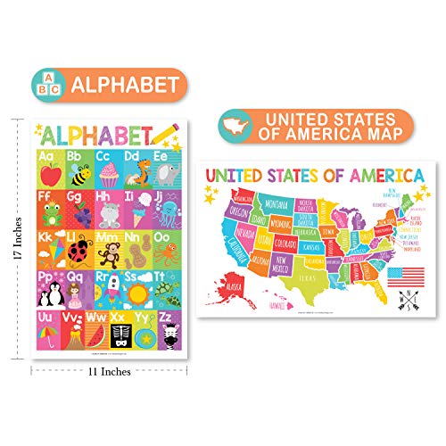 Hadley Designs 4 Alphabet, Map of United States, World Map, Solar System, ABC Posters Toddlers Wall Decor, Planets For Kid, US Map Laminated Kindergarten Classroom Prek Homeschool Supplies 11x17