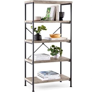 best choice products 5-tier rustic industrial bookshelf display décor accent for living room, bedroom, office w/metal frame, wood shelves - gray