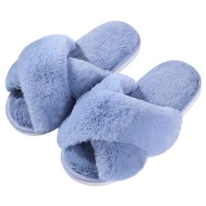 evshine women's fuzzy slippers cross band memory foam house slippers open toe, blue, size 10-11