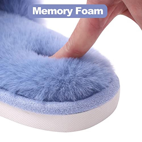 Evshine Women's Fuzzy Slippers Cross Band Memory Foam House Slippers Open Toe, Blue, Size 10-11