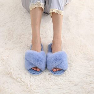 Evshine Women's Fuzzy Slippers Cross Band Memory Foam House Slippers Open Toe, Blue, Size 10-11