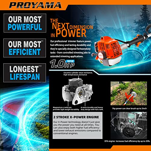 PROYAMA 26cc Weed Eater/Wacker Gas Powered, 2-Cycle Gas String Trimmer/Edger, 3 in 1 Brush Cutter with 17’’ Cutting Path, Grass Trimmer Light Weight
