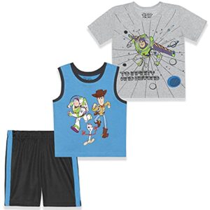 disney toys story buzz, woody and forky boys shirt, tank top and shorts set for toddler and little kids – grey/blue/black