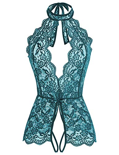 Women One Piece Lingerie Lace Baby Dolls Teddy Deep V neck Halter Bodysuit Chemise Sleepwear (Dark turquoise, XL)