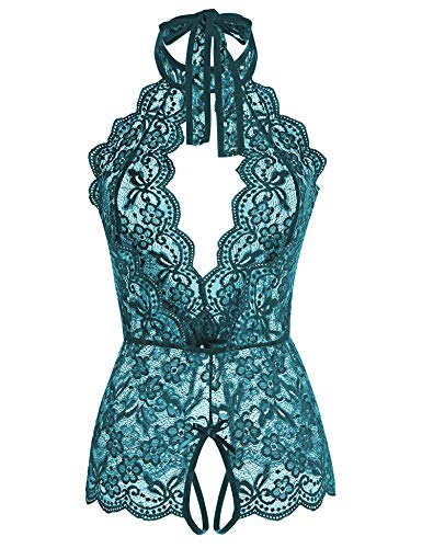 Women One Piece Lingerie Lace Baby Dolls Teddy Deep V neck Halter Bodysuit Chemise Sleepwear (Dark turquoise, XL)