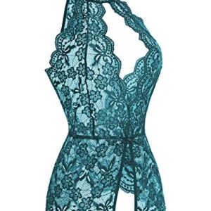 Women One Piece Lingerie Lace Baby Dolls Teddy Deep V neck Halter Bodysuit Chemise Sleepwear (Dark turquoise, XL)