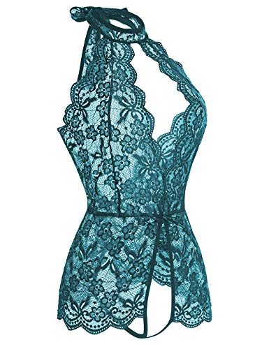 Women One Piece Lingerie Lace Baby Dolls Teddy Deep V neck Halter Bodysuit Chemise Sleepwear (Dark turquoise, XL)