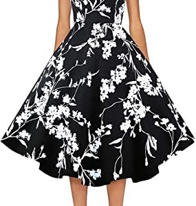 PUKAVT Women's Cocktail Party Dress Cap Sleeve 1950 Retro Swing Dress with Pockets Black Flower M