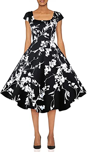 PUKAVT Women's Cocktail Party Dress Cap Sleeve 1950 Retro Swing Dress with Pockets Black Flower M