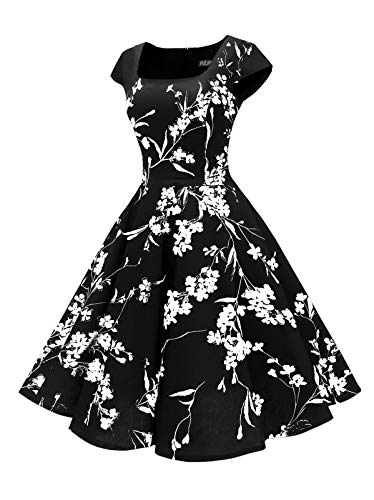 PUKAVT Women's Cocktail Party Dress Cap Sleeve 1950 Retro Swing Dress with Pockets Black Flower M