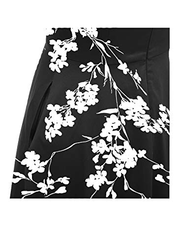 PUKAVT Women's Cocktail Party Dress Cap Sleeve 1950 Retro Swing Dress with Pockets Black Flower M