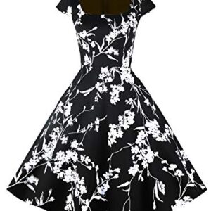 PUKAVT Women's Cocktail Party Dress Cap Sleeve 1950 Retro Swing Dress with Pockets Black Flower M