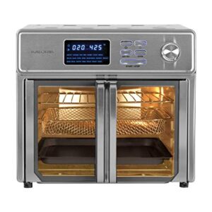 kalorik 26 qt digital maxx air fryer oven with 7 accessories, roaster, broiler, rotisserie, dehydrator, oven, toaster, pizza oven and slow cooker. includes cookbook. sears up to 500⁰f. extra large capacity, all in one appliance. stainless steel. afo 47269
