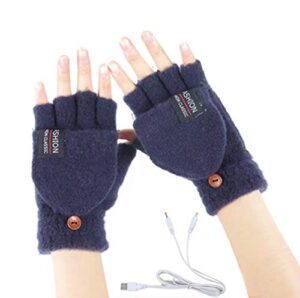 women's & men's usb heated gloves knitting hands full & half heated fingerless heating warmer with button washable design, mitten winter hands warm laptop gloves (navy)