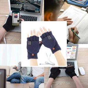 Women's & Men's USB Heated Gloves Knitting Hands Full & Half Heated Fingerless Heating Warmer with Button Washable Design, Mitten Winter Hands Warm Laptop Gloves (Navy)