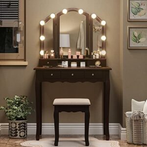 tiptiper vanity desk, makeup vanity set with lighted mirror and stool, dressing table with 5 drawers, 3 light settings & adjustable brightness, espresso