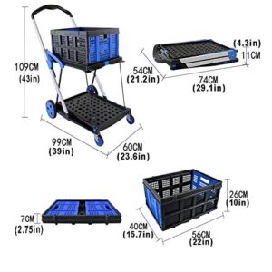 Folding Shopping Cart with Wheels, Collapsible Cart with Basket, 2-Layer Utility Carts, Outdoor Wagon for Groceries, Hand Truck (Folding Cart + Crate)