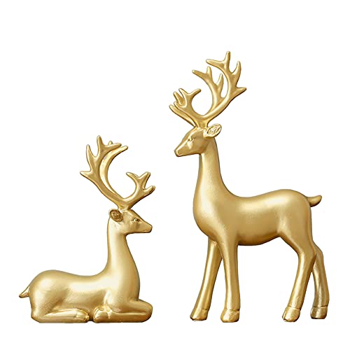 FANTESTICRYAN Small Reindeer Sculpture Resin Christmas Reindeer Elk 2pcs Christmas Home Decor Statues for Living Room, Bedroom, Office Desktop, Cabinets (Golden Small)