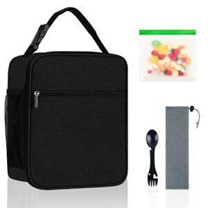 nirroti insulated lunch bag for men women leakproof reusable lunch box with water bottle holder mini lunch tote bag, soft lunch container cooler bag for work office, black, with tableware