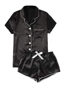 wdirara women's sleepwear striped satin short sleeve shirt and shorts pajama set dull black s