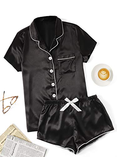 WDIRARA Women's Sleepwear Striped Satin Short Sleeve Shirt and Shorts Pajama Set Dull Black S