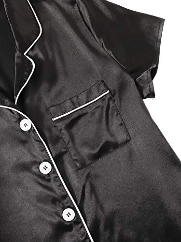 WDIRARA Women's Sleepwear Striped Satin Short Sleeve Shirt and Shorts Pajama Set Dull Black S