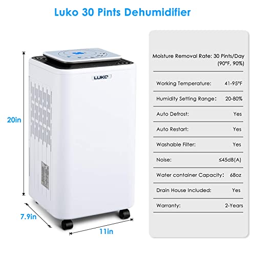 LUKO 2000 Sq. Ft Dehumidifiers for Large Room and Basements, 30 Pints Dehumidifier with Drain Hose, Auto or Manual Drainage, 0.528 Gallon Water Tank, Auto Defrost, Dry Clothes Function, 24H Timer (white)