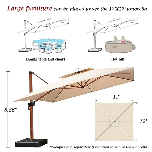 PURPLE LEAF 12 feet x 12 feet Patio Umbrella Outdoor Square Umbrella Large Cantilever Umbrella Windproof Offset Umbrella Heavy Duty Sun Umbrella for Garden Deck Pool Patio, Beige