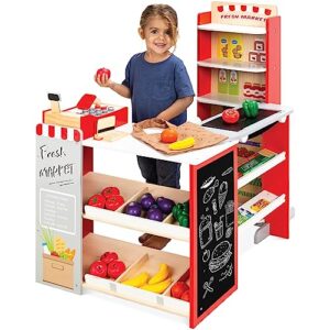 best choice products pretend play grocery store wooden supermarket toy set for kids w/play food, chalkboard, cash register, working conveyor - red