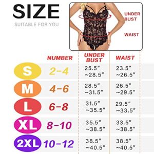 CUTER Women Lace Teddy Lingerie One Piece Sexy Strappy Bodysuit Naughty Babydoll Black