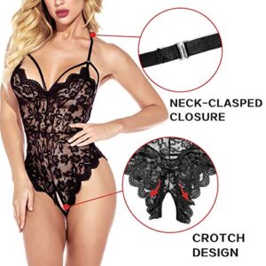 CUTER Women Lace Teddy Lingerie One Piece Sexy Strappy Bodysuit Naughty Babydoll Black